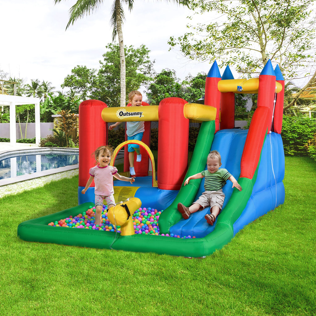 Outsunny Kids Inflatable Bouncy Castle Water Slide 6 in 1 Bounce House Jumping Castle Water Pool Gun Climbing Wall Basket for Summer Playland - Inspirely