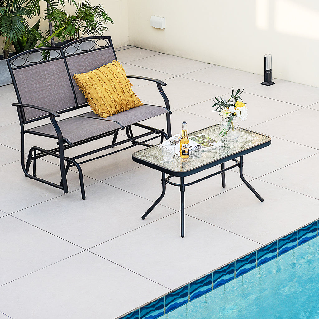2 Pieces Patio Glider Conversation Set with Tempered Glass Coffee Table-Brown