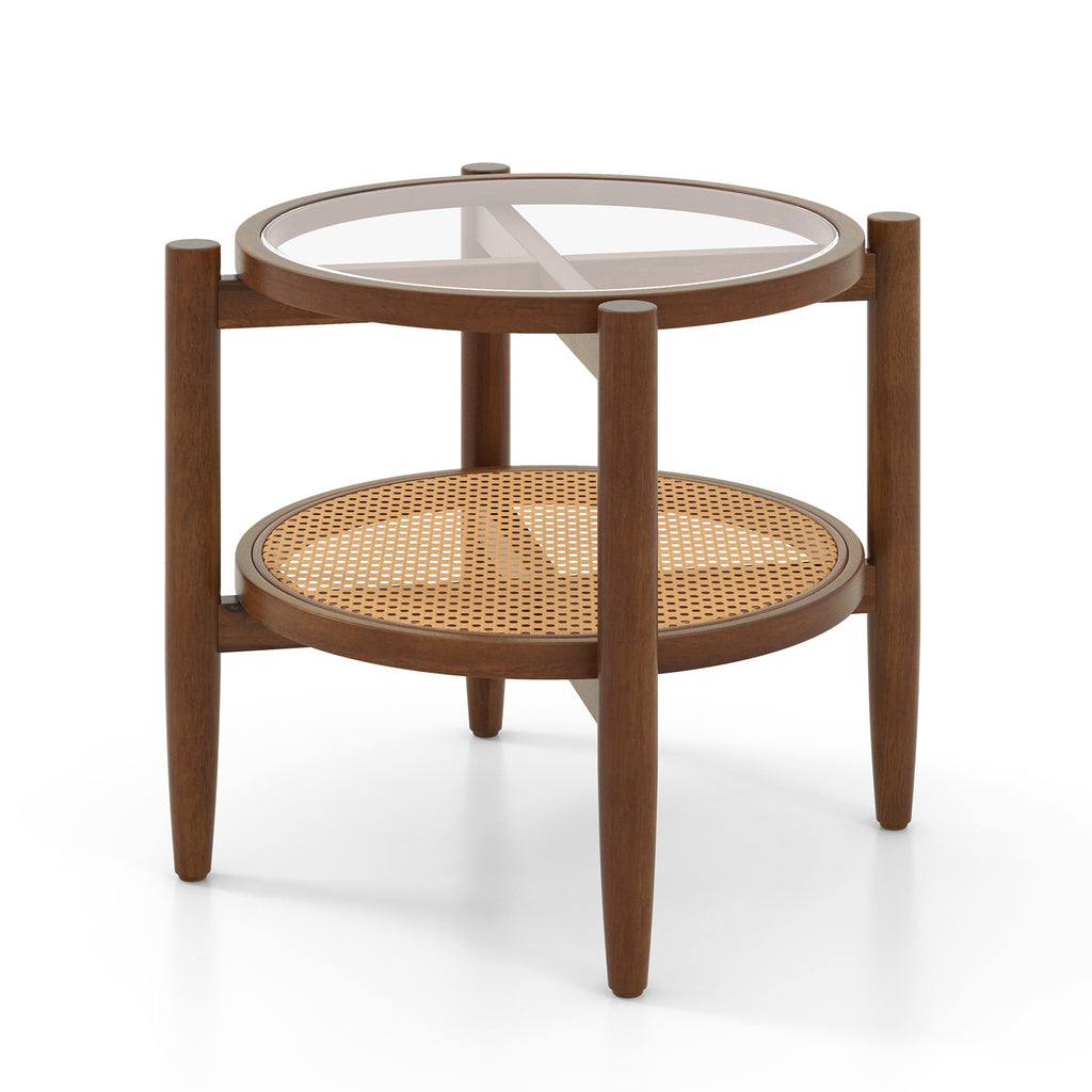 2-Tier PE Rattan Round Side End Table with Tempered Glass Tabletop