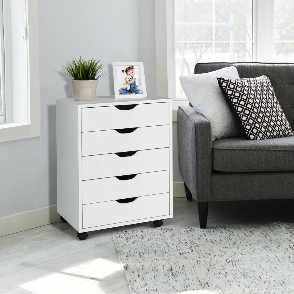 5 Drawer Chest with Wheels for Home and Office - White