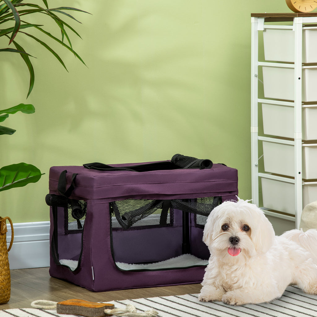 PawHut 49cm Pet Carrier Portable Cat Carrier Foldable Dog Bag Pet Travel Bag w/ Cushion for Miniature Dogs, Purple