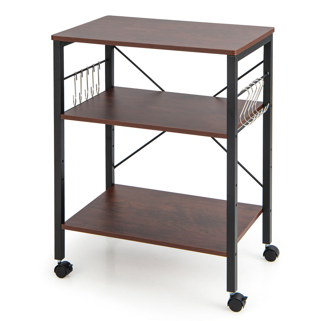 3-Tier Utility Cart Storage Trolley with 10 Removable Hooks-Coffee