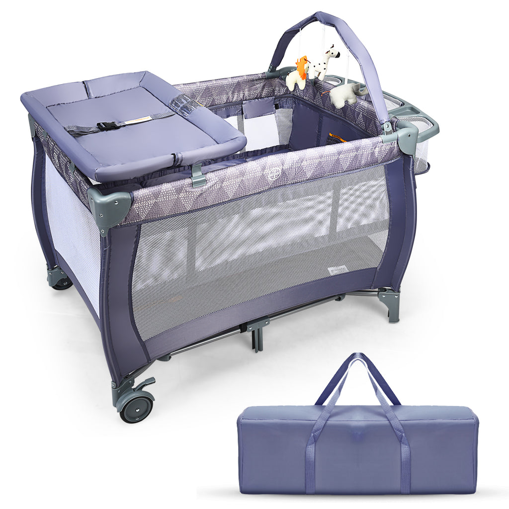 3 in 1 Convertible Bassinet Cot with Changing Table and Toy Bar-Grey
