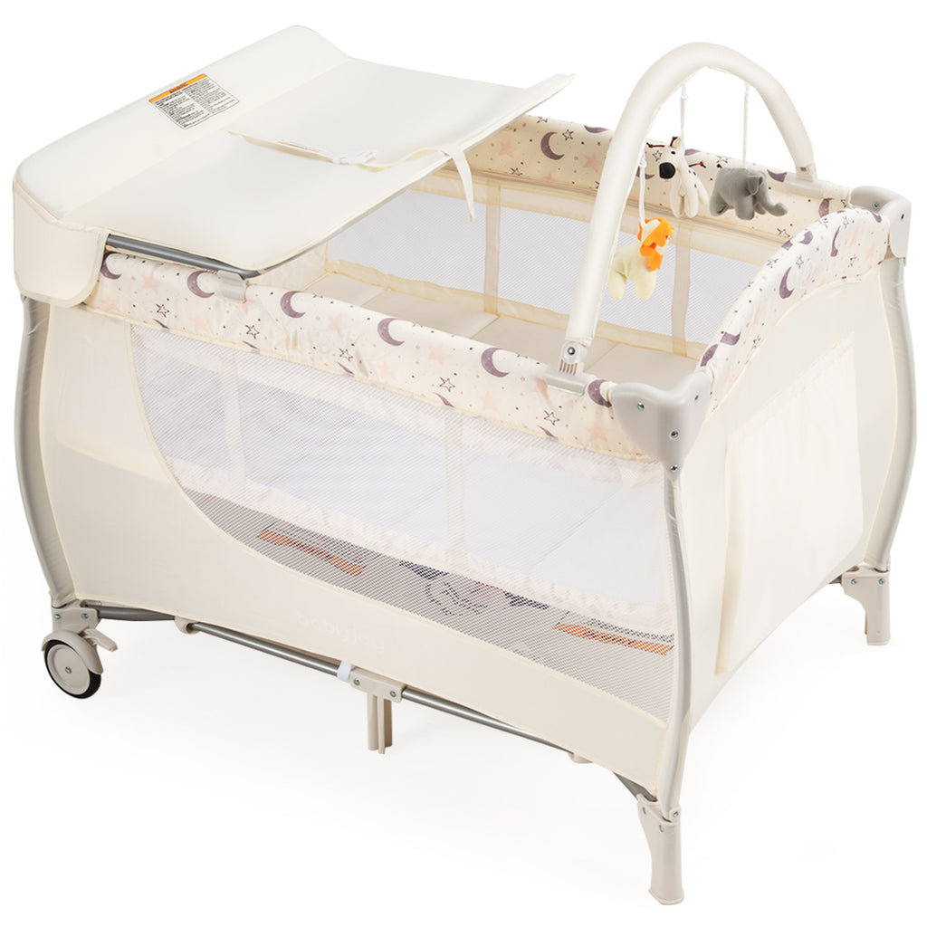 3 in 1 Portable Baby Playards Convertible Playpen with Bassinet-Beige