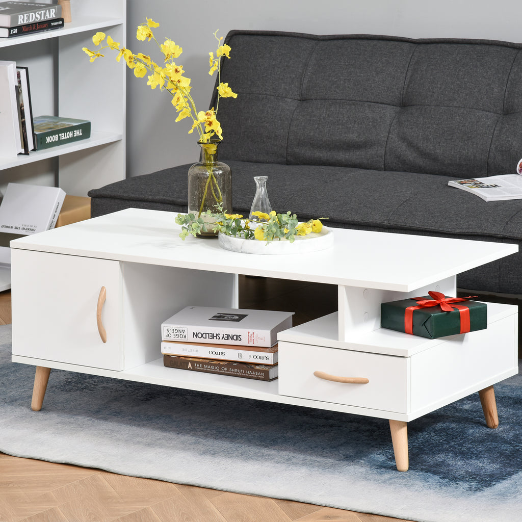 HOMCOM Modern Minimalism Coffee Table with Storage, Sofa Side Table with Shelf & Drawer for Living Room Reception Room, White - Inspirely