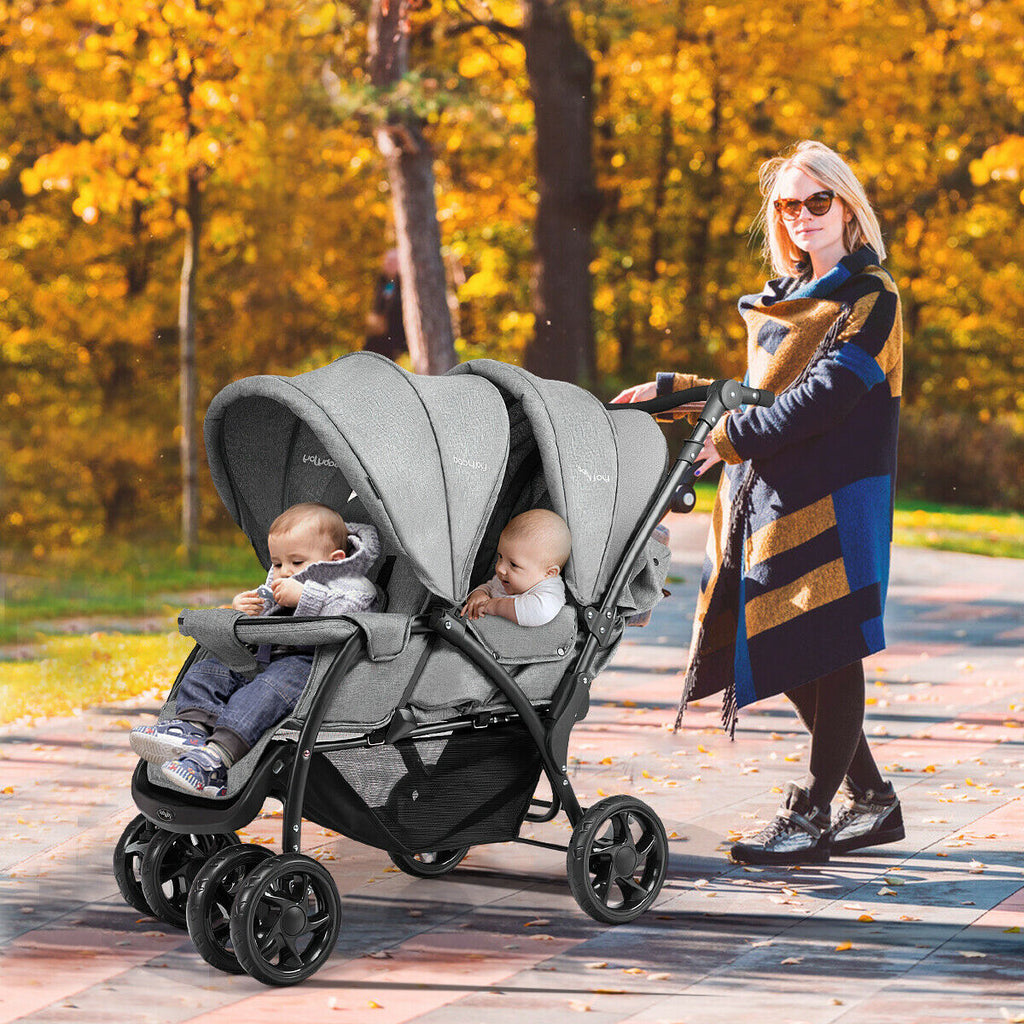 Double Pushchair with Adjustable Backrest and Sunshade Grey