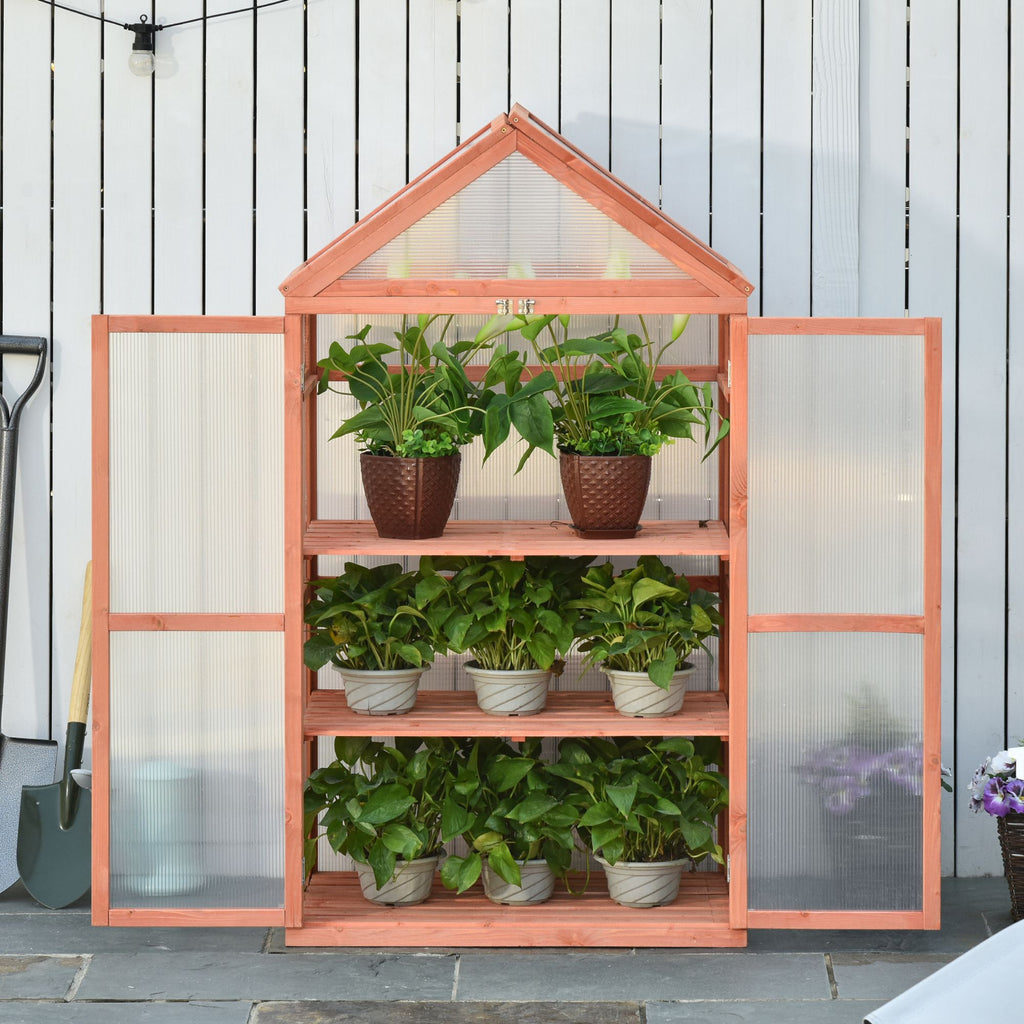 Outsunny 3-Tier Wooden Cold Frame Greenhouse Garden Polycarbonate Grow House w/ Adjustable Shelves, Double Doors, 80 x 47 x 138 cm, Orange - Inspirely