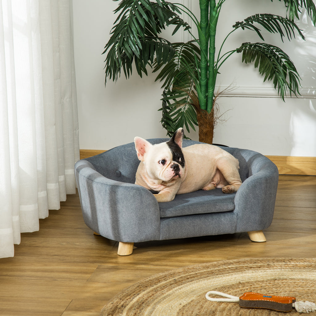 PawHut Pet Sofa, Dog Bed Couch, Puppy Kitten Lounge, with Wooden Frame, Short Plush Cover, Washable Cushion, for Small Dog, 70 x 47 x 30 cm, Grey - Inspirely