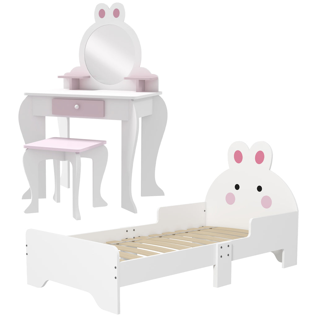 ZONEKIZ Wooden Kids Bedroom Furniture Set with Kids Dressing Table, Stool, Bed, for 3-6 Years, Bunny-Design