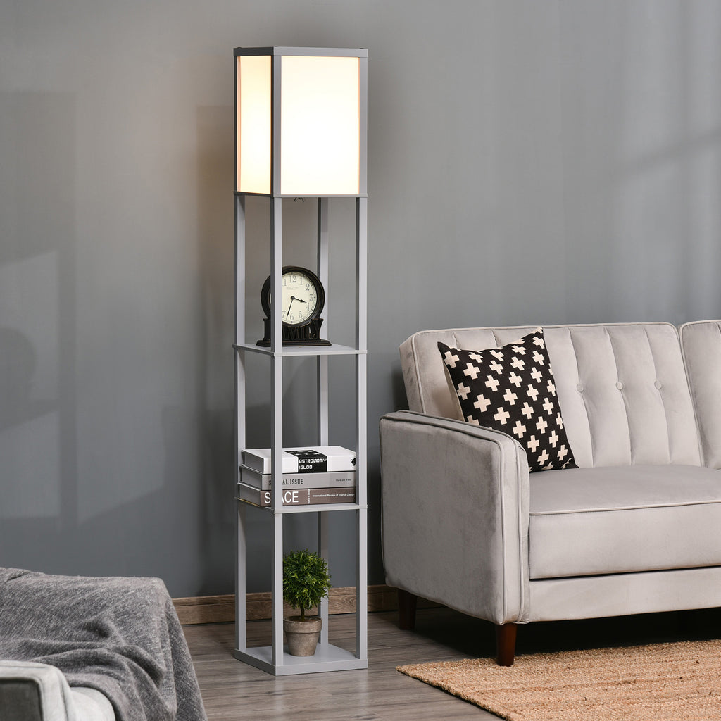 HOMCOM 4-Tier Grey Floor Lamp with Shelf, Floor Light with Storage Shelf, Reading Standing Lamp - Inspirely