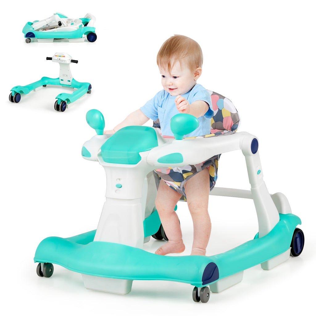 2-in-1 Foldable Baby Walker with Adjustable Height and Speed-Green