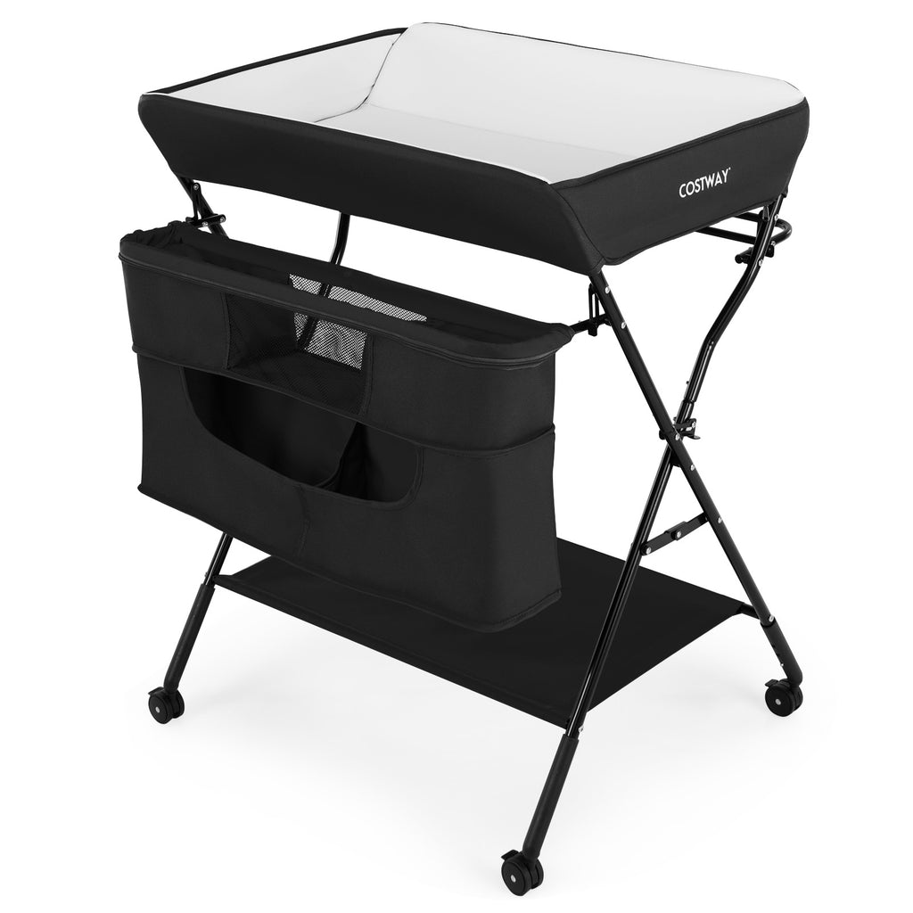 Folding Changing Table with 4-Level Adjustable Height and Wheels-Black