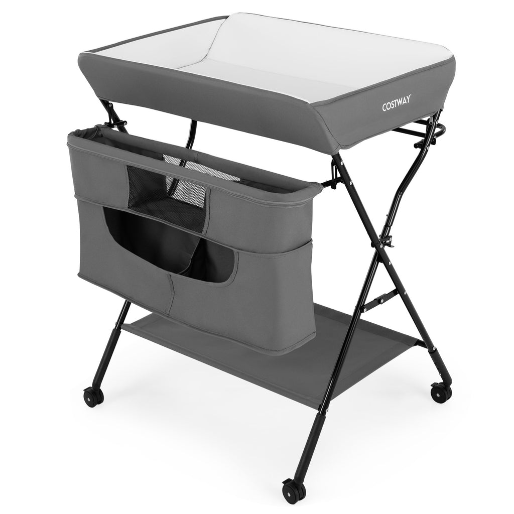 Folding Changing Table with 4-Level Adjustable Height and Wheels-Grey