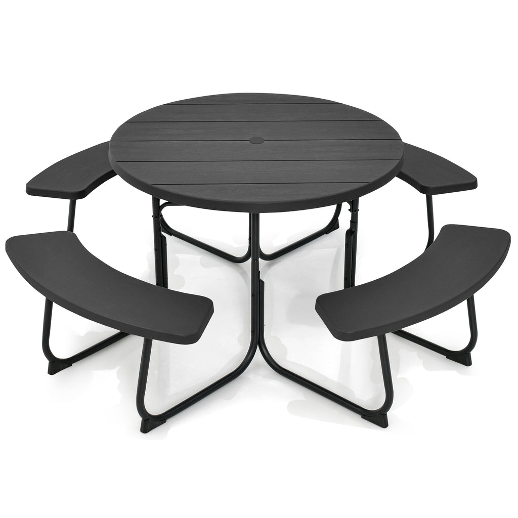 8-person Round Picnic Table Bench Set with 4 Benches and Umbrella Hole-Black