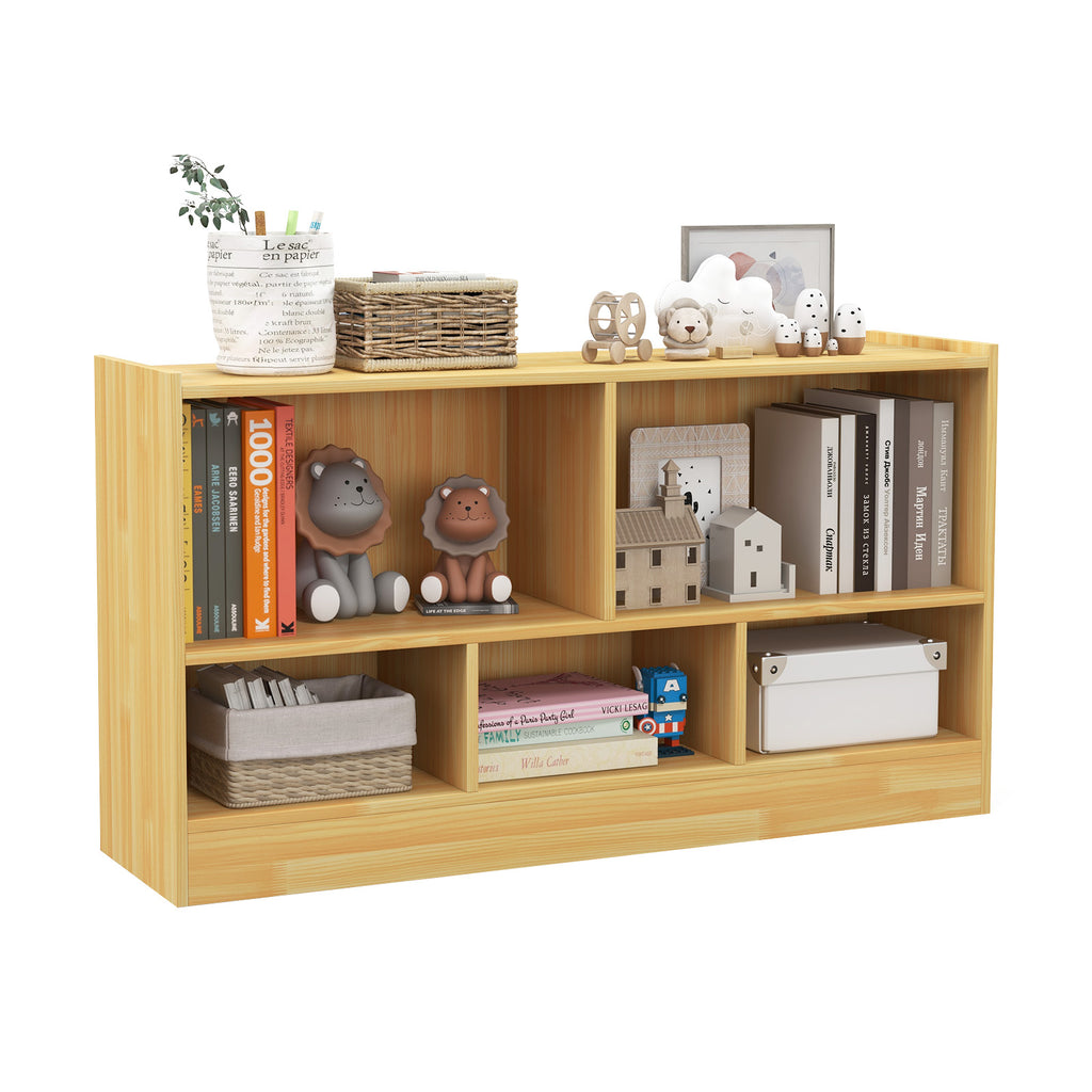 2-Tier Wooden Kids Bookcase with 5 Compartments for Playroom Study-Wood