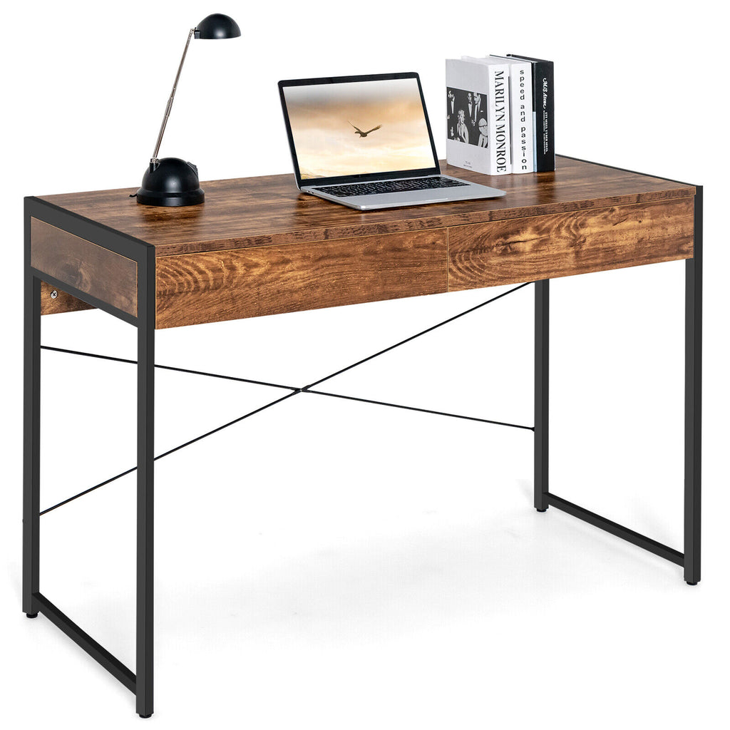 112 x 48 x 76cm Wooden Study Computer Desk with 2 Drawers Rustic Brown