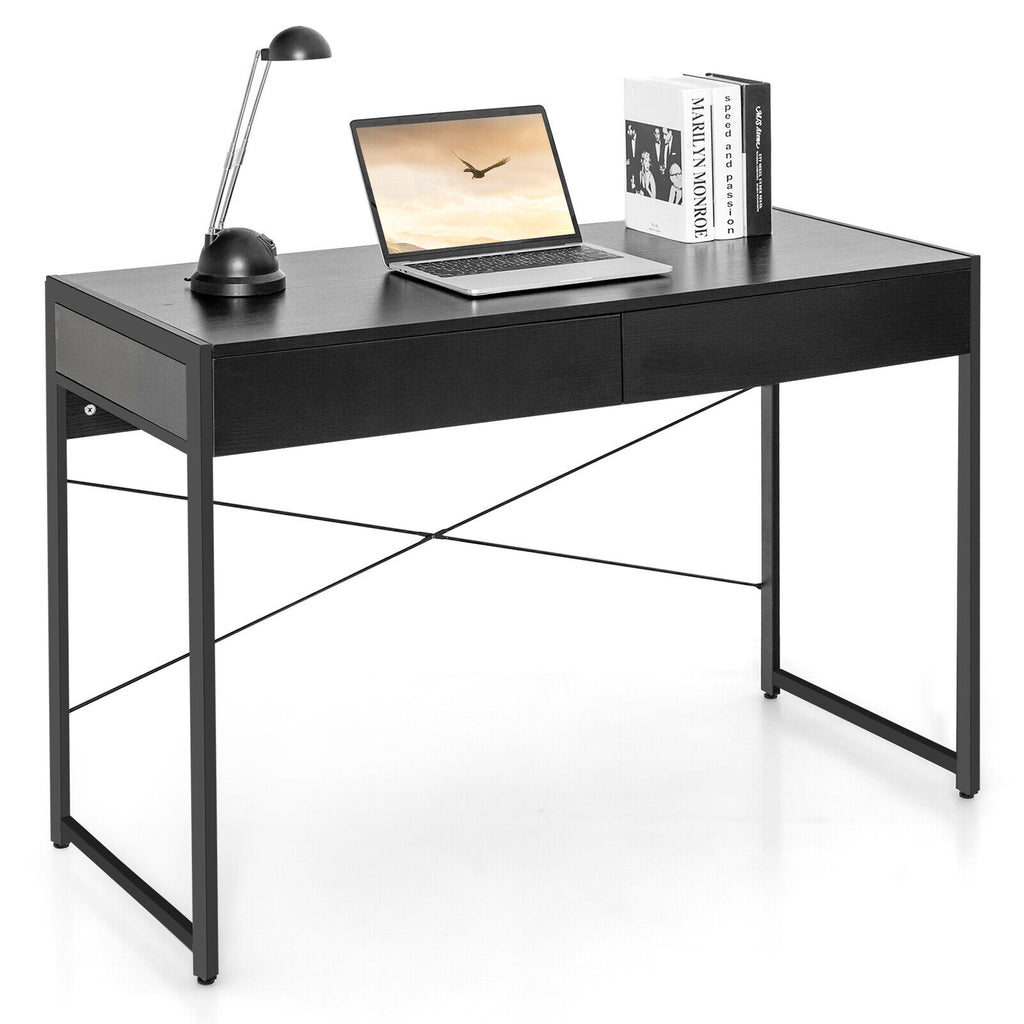 112 x 48 x 76cm Wooden Study Computer Desk with 2 Drawers Black