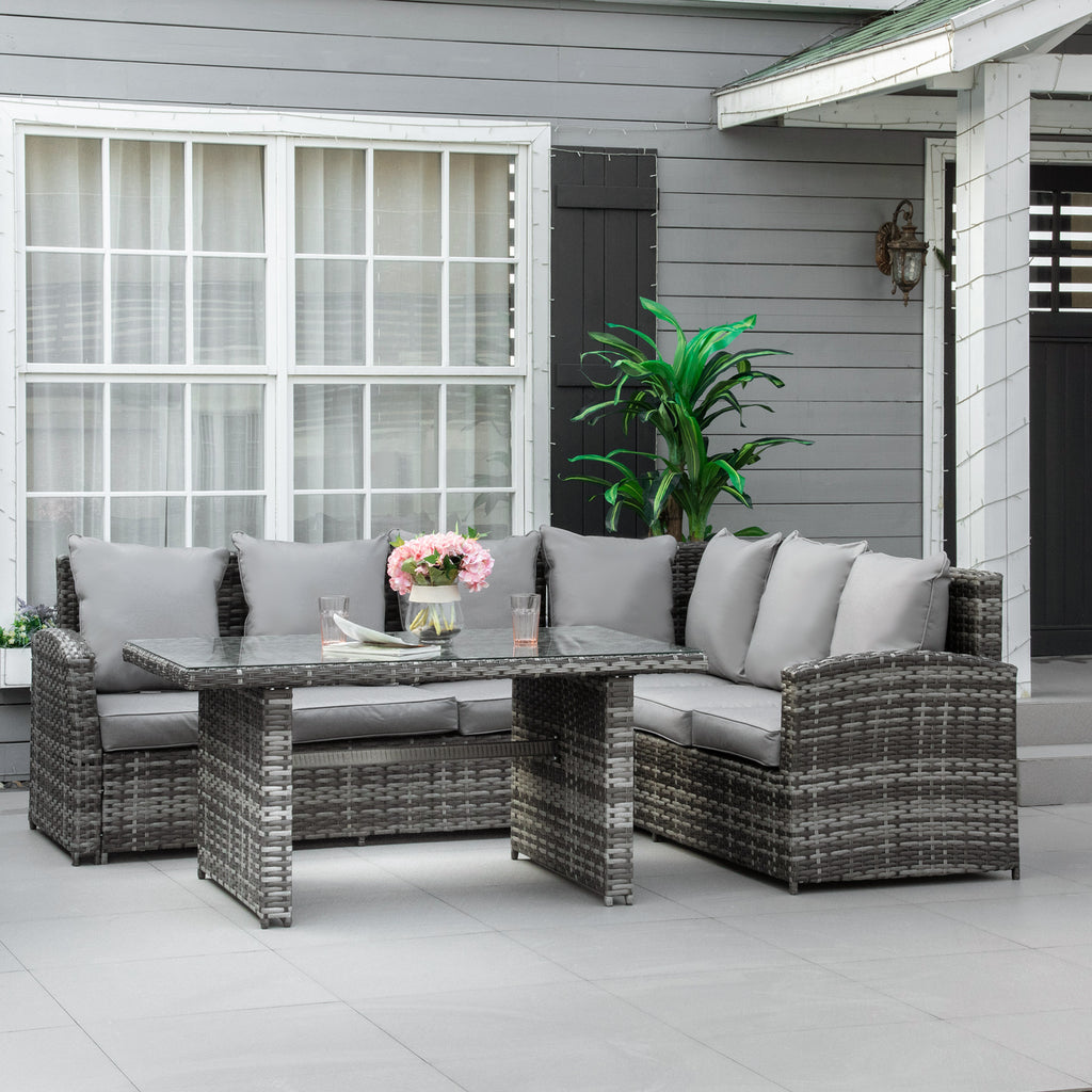 Outsunny 6-Seater PE Rattan Corner Dining Set Outdoor Garden Patio Sofa Table Furniture Set w/ Cushions, Grey - Inspirely