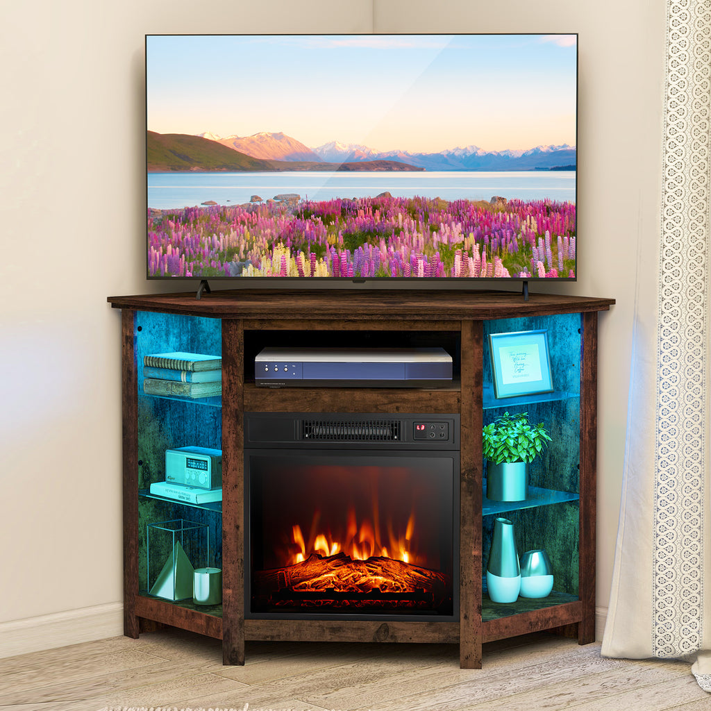 Corner TV Stand with Fireplace Insert and LED Lights-Rustic Brown