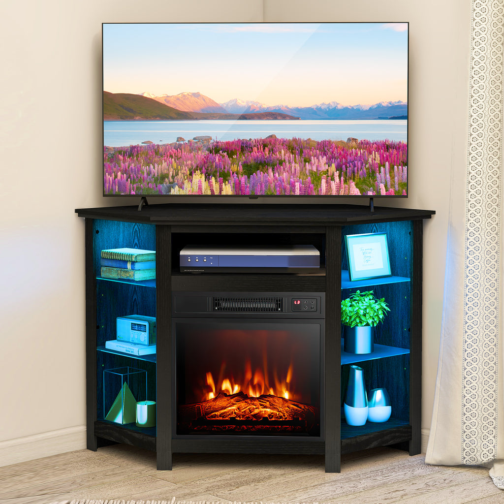Corner TV Stand with Fireplace Insert and LED Lights-Black