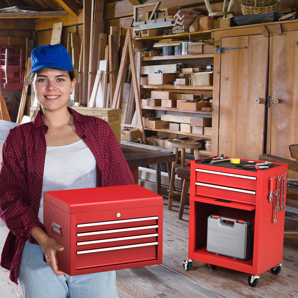 Detachable Tool Storage Cabinet with 4 Hooks and Wheels-Red