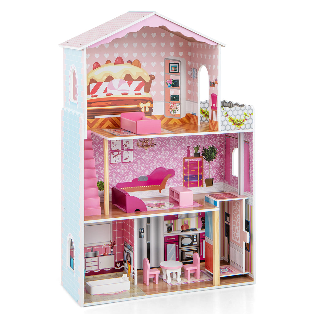 3-Story Wooden Dollhouse with Simulated Rooms and Furniture Set-Pink
