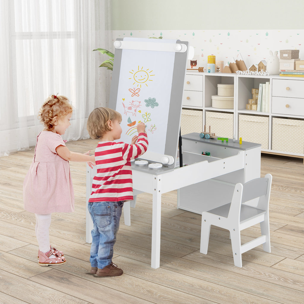 2-in-1 Kids Art Table and Art Easel Set with Chairs-Grey