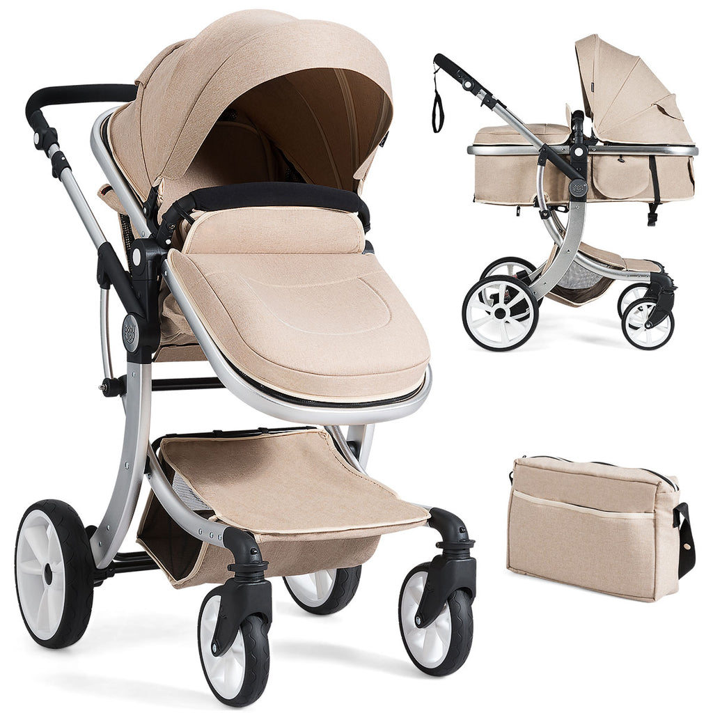2 in 1 Foldable Baby Stroller with Rain Cover and Mosquito Net-Beige