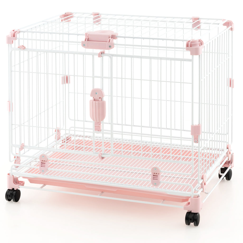 Folding Dog Kennel with Double Lockable Door and Wheels