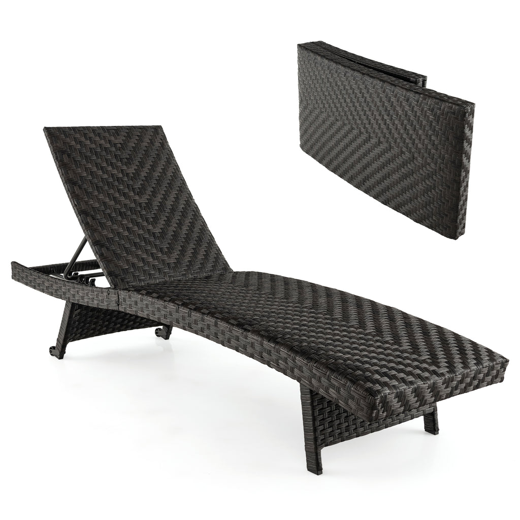 Folding Rattan Patio Chaise Lounge with 5-Level Adjustable Backrest