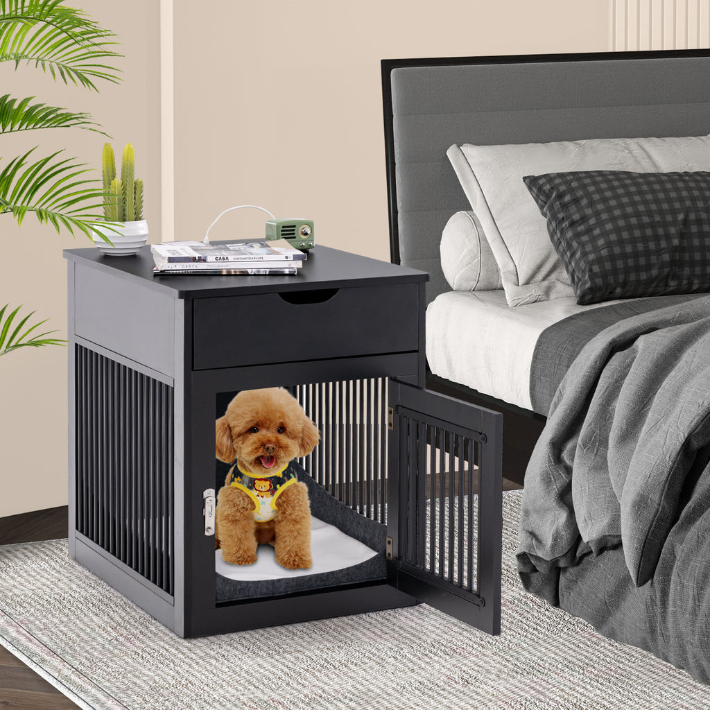 Furniture Style Dog Crate with Wired and Wireless Charging-Black