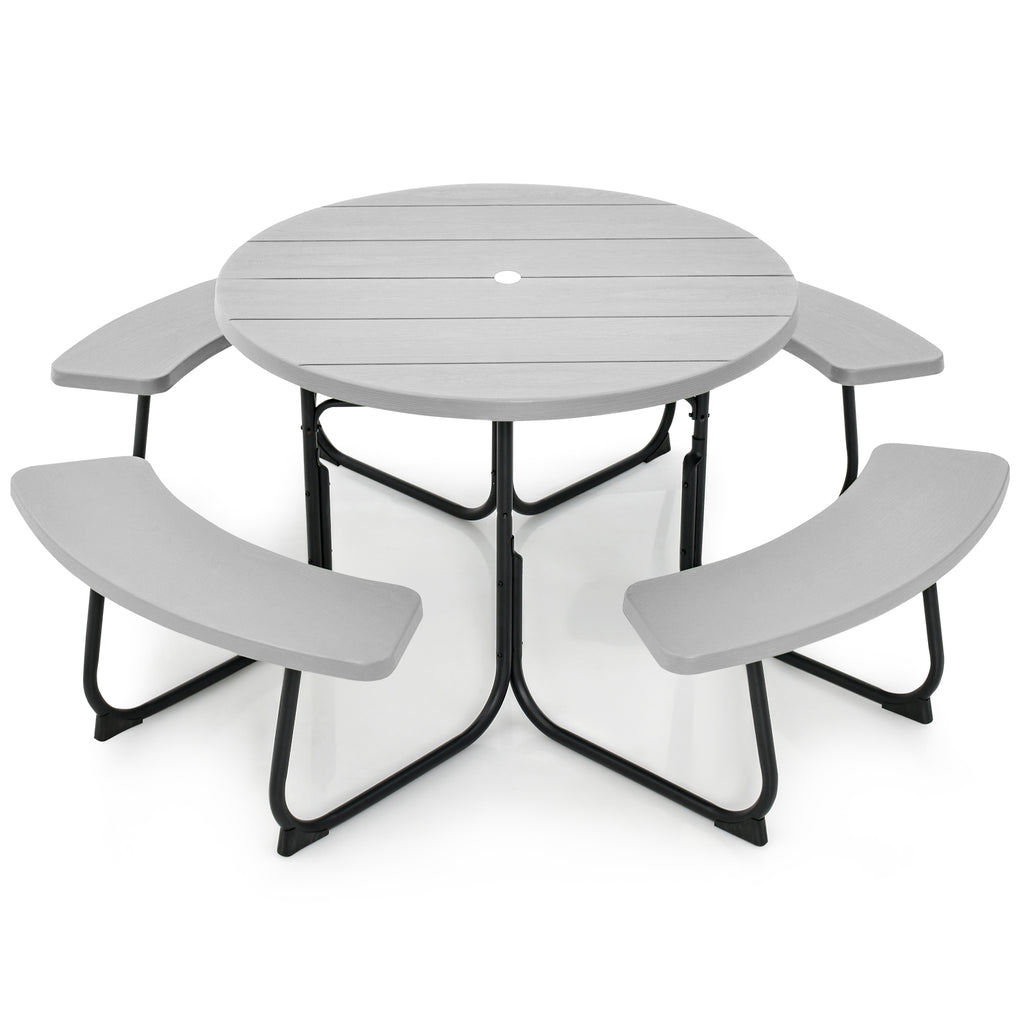 8-person Round Picnic Table Bench Set with 4 Benches and Umbrella Hole-Grey