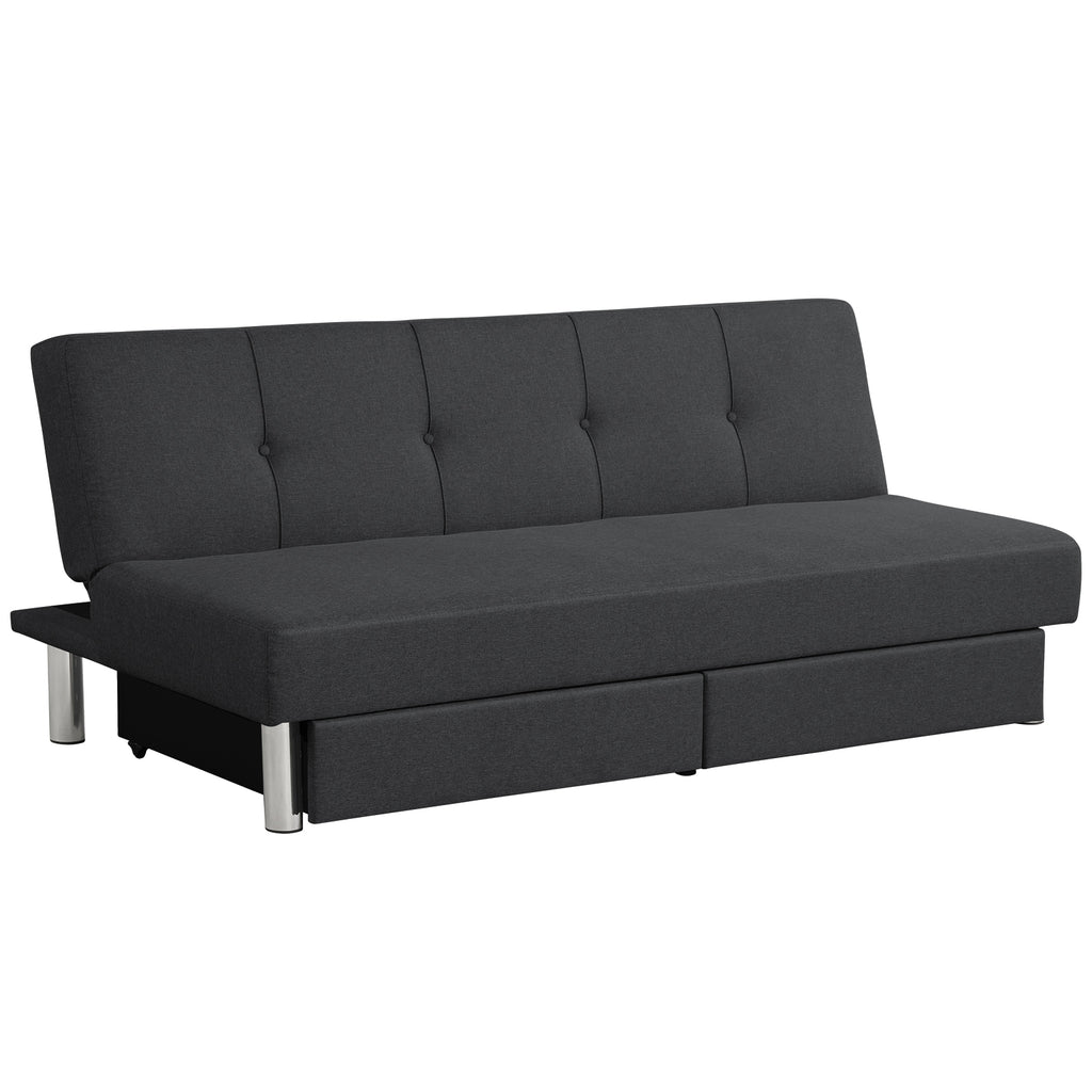 3 Seat Convertible Linen Fabric Tufted Sofa Bed with 2 Storage Drawers-Black
