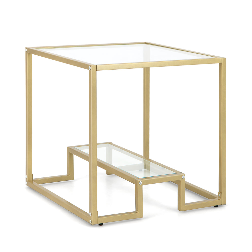 2-Tier Snack Table with Golden Metal Frame and Tempered Glass Tabletop