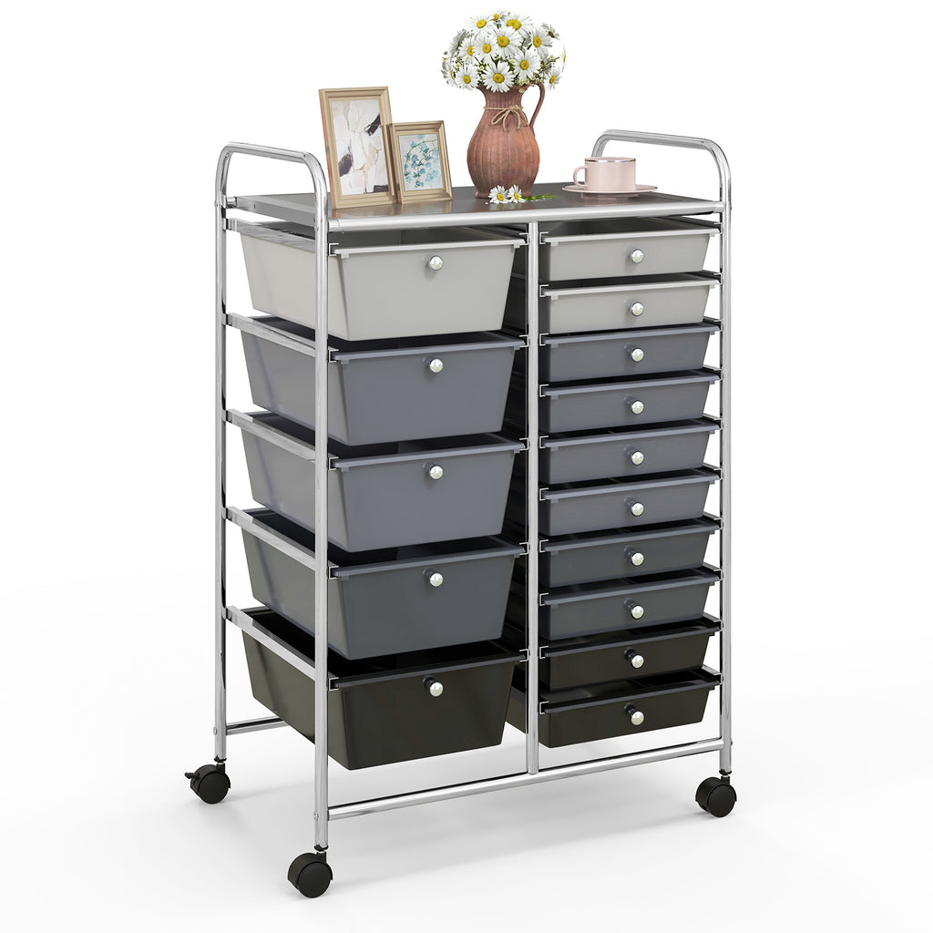 15 Drawer Rolling Storage Cart with 4 Wheels for Beauty Salon-Gradient Black With Silver Frame