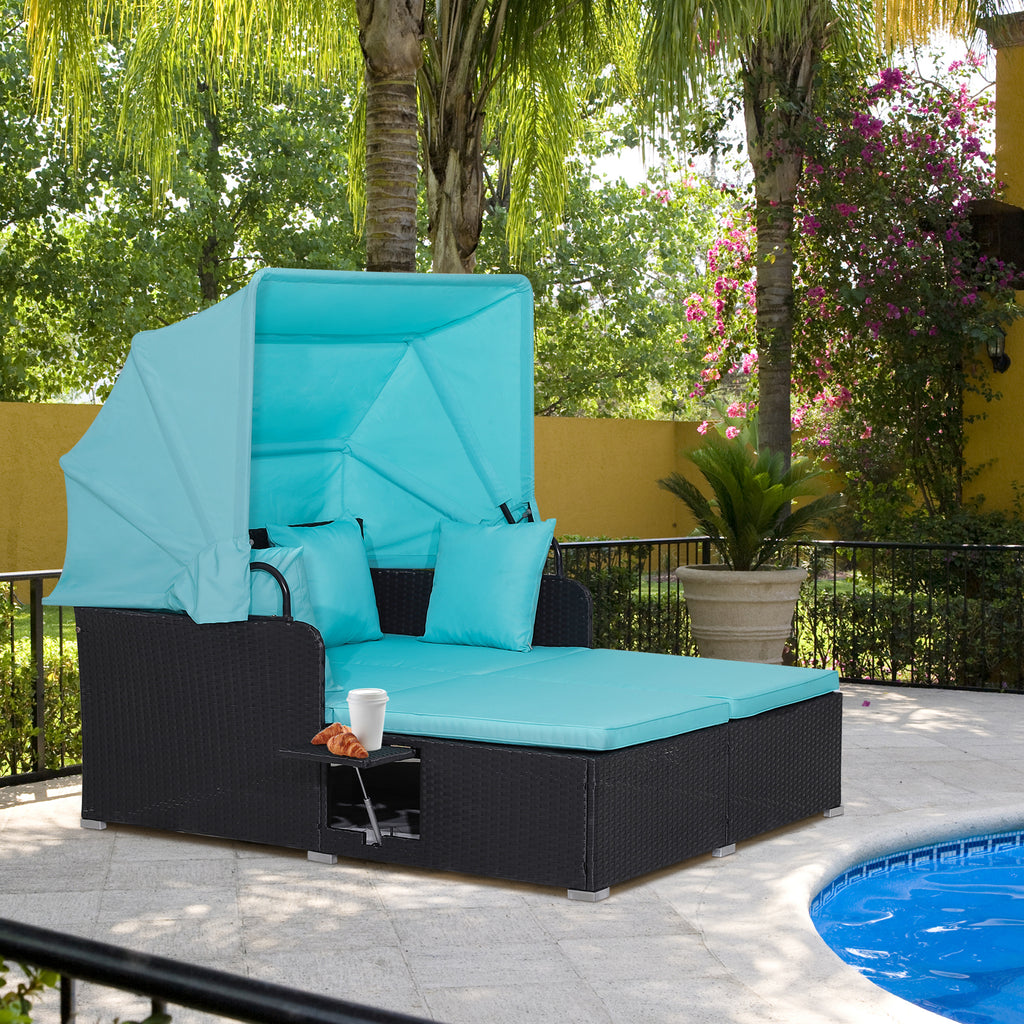Garden Rattan Daybed with Retractable Canopy and Cushions-Turquoise