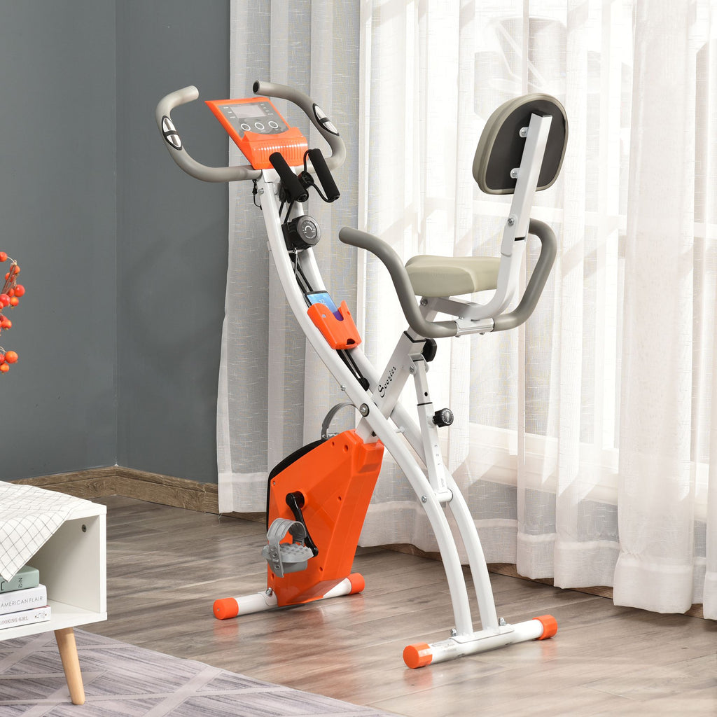 HOMCOM 2-in-1 Upright  Exercise Bike Stationary Foldable Magnetic Recumbent Cycling with Arm Resistance Bands Orange - Inspirely