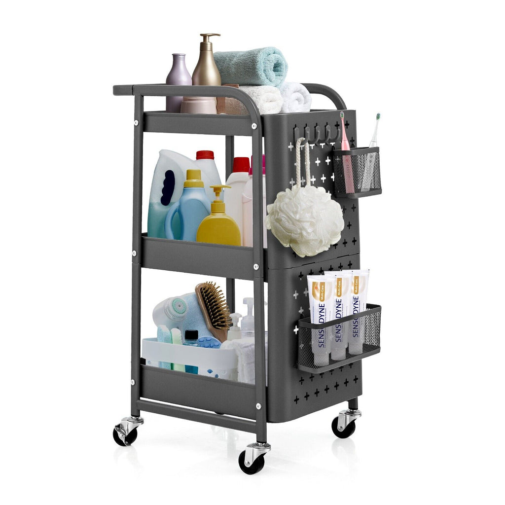 3 Tier Rolling Storage Organizer Cart with Dual DIY Pegboards Grey