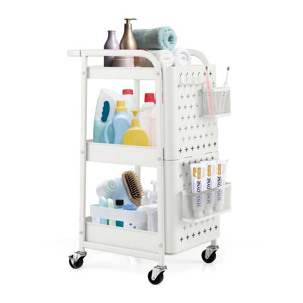 3 Tier Rolling Storage Organizer Cart with Dual DIY Pegboards White