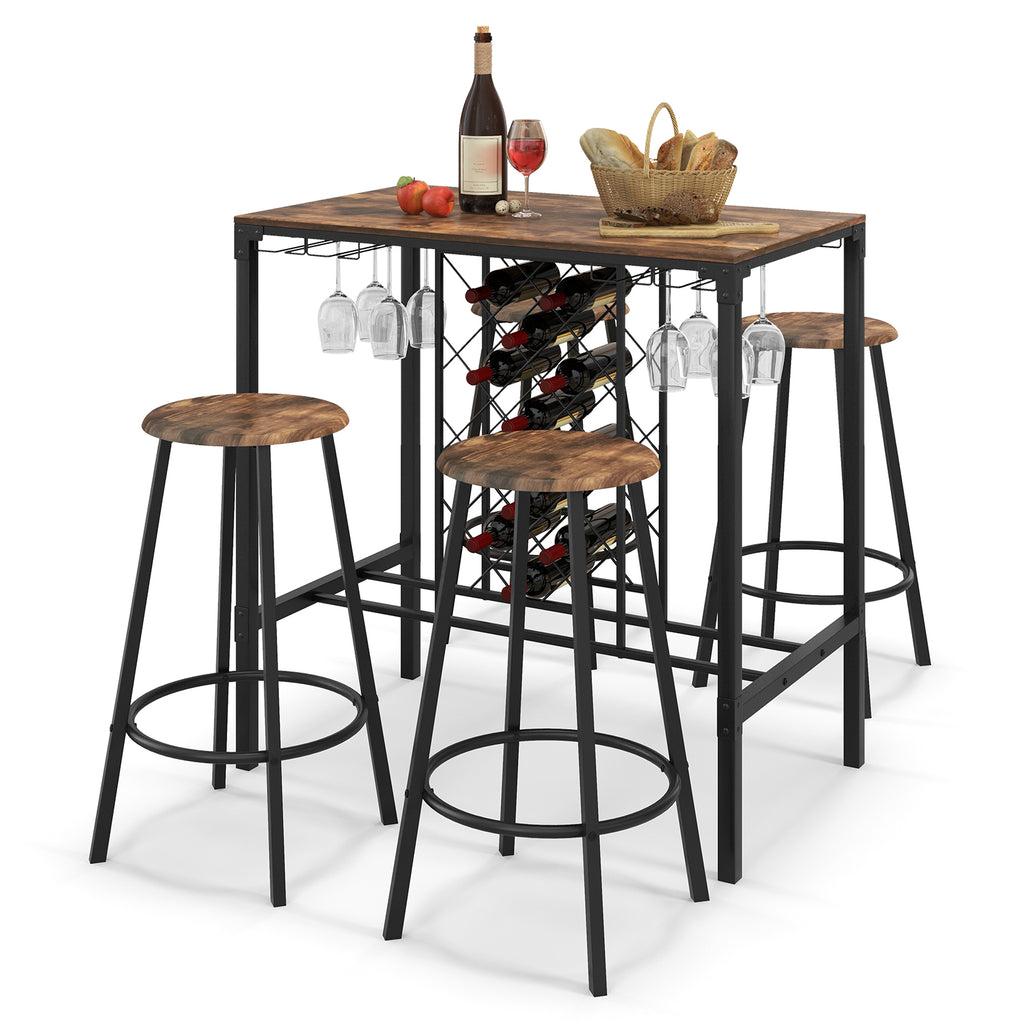 5 Pieces Bar Table and Stools Set Wine Rack and Glass Holder-Rustic Brown
