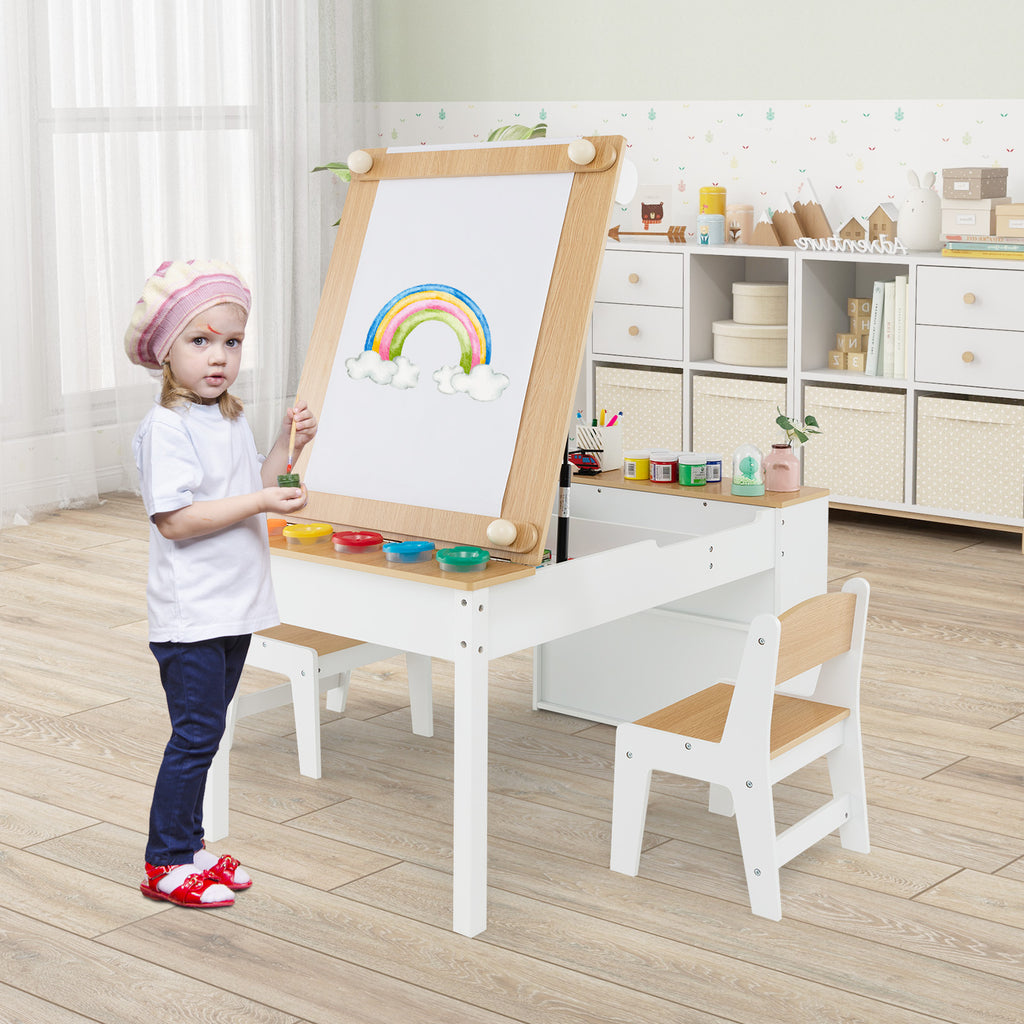 2-in-1 Kids Art Table and Art Easel Set with Chairs-Natural