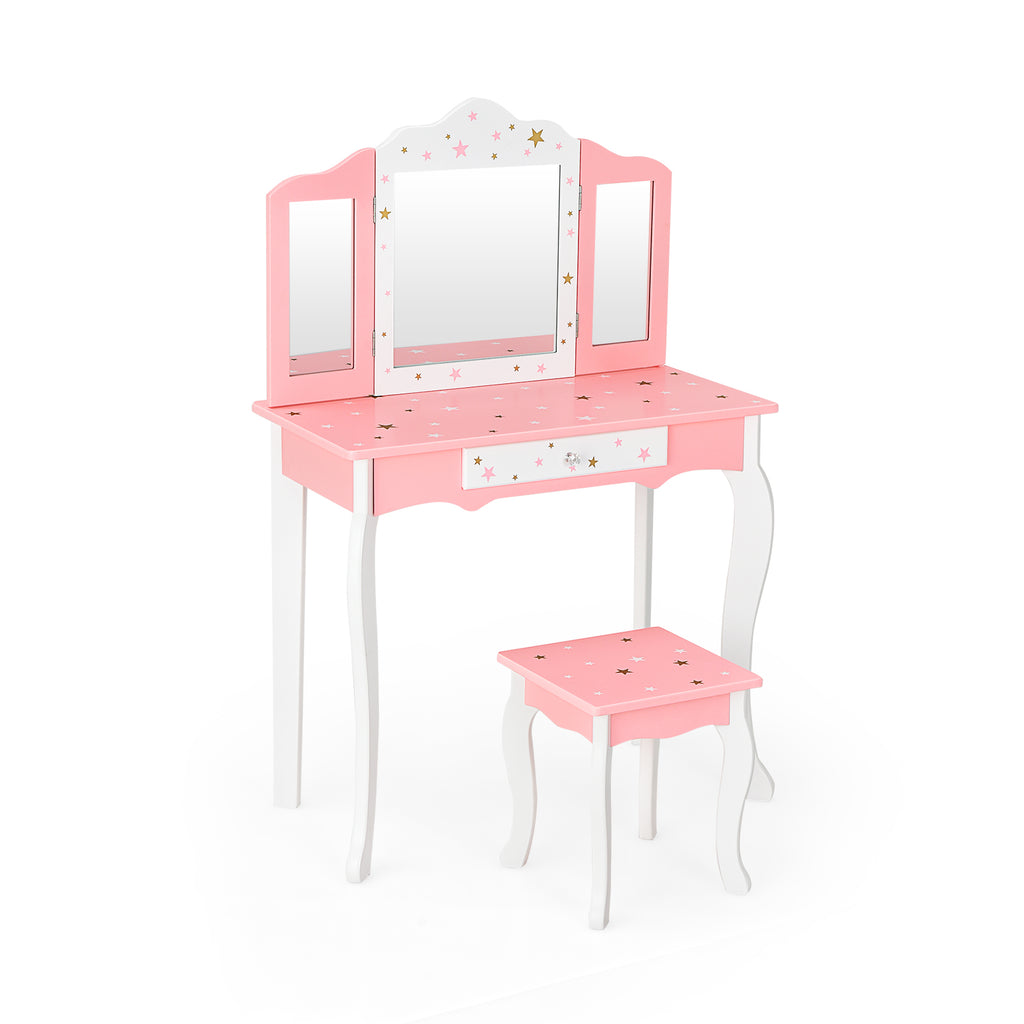 Kids Beauty Makeup Vanity Table and Stool Set with Tri-fold Mirror-Pink