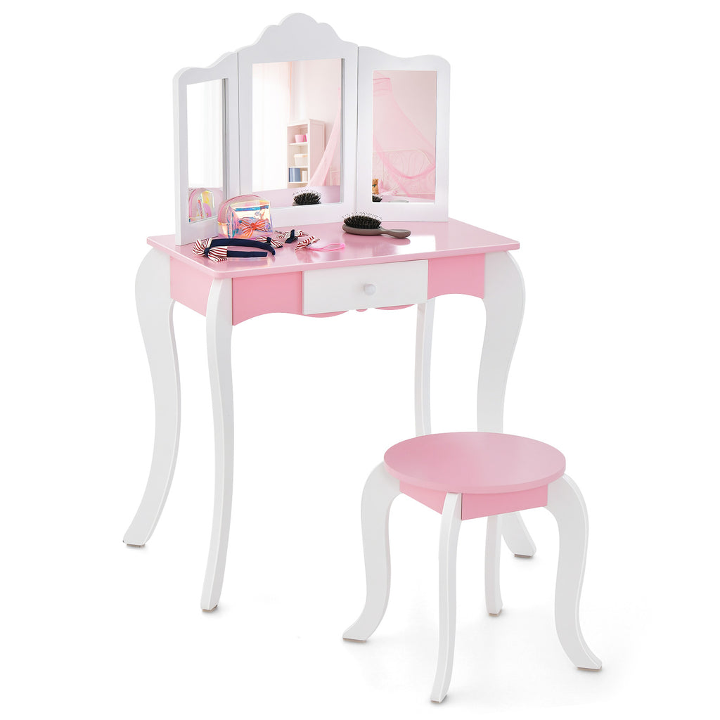 Kids Vanity Set with 3-Panel Acrylic Mirror and Storage Drawer-White