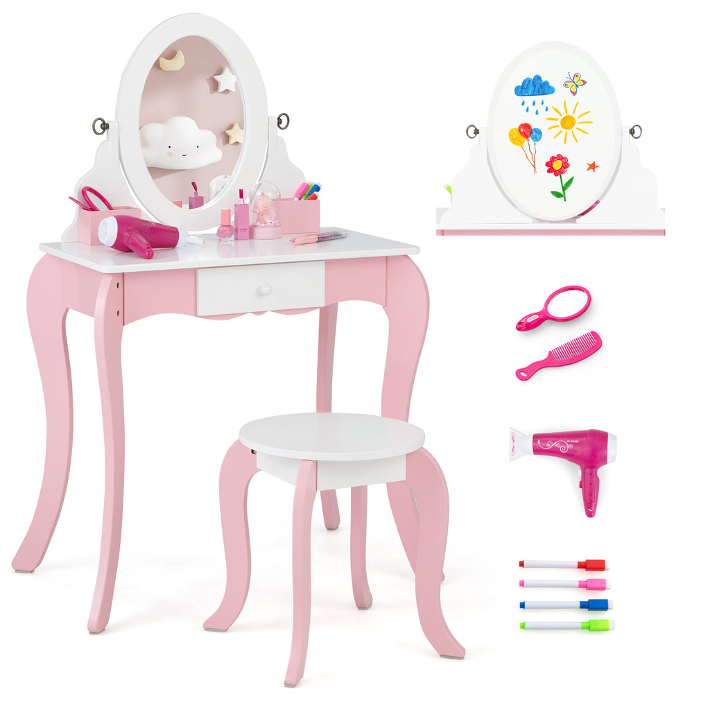 Kids Vanity Table and Stool 2 in 1 with Rotatable Mirror and Whiteboard-Pink; White
