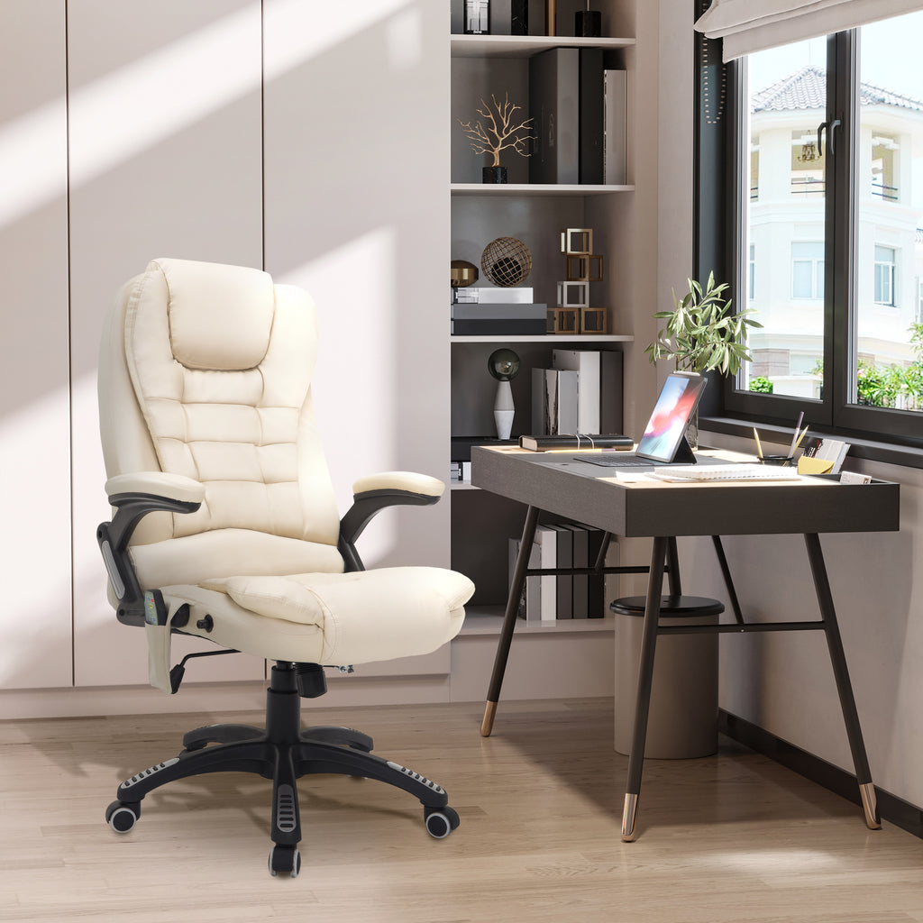 HOMCOM Executive Office Chair with Massage and Heat, High Back PU Leather Massage Office Chair With Tilt and Reclining Function, Beige