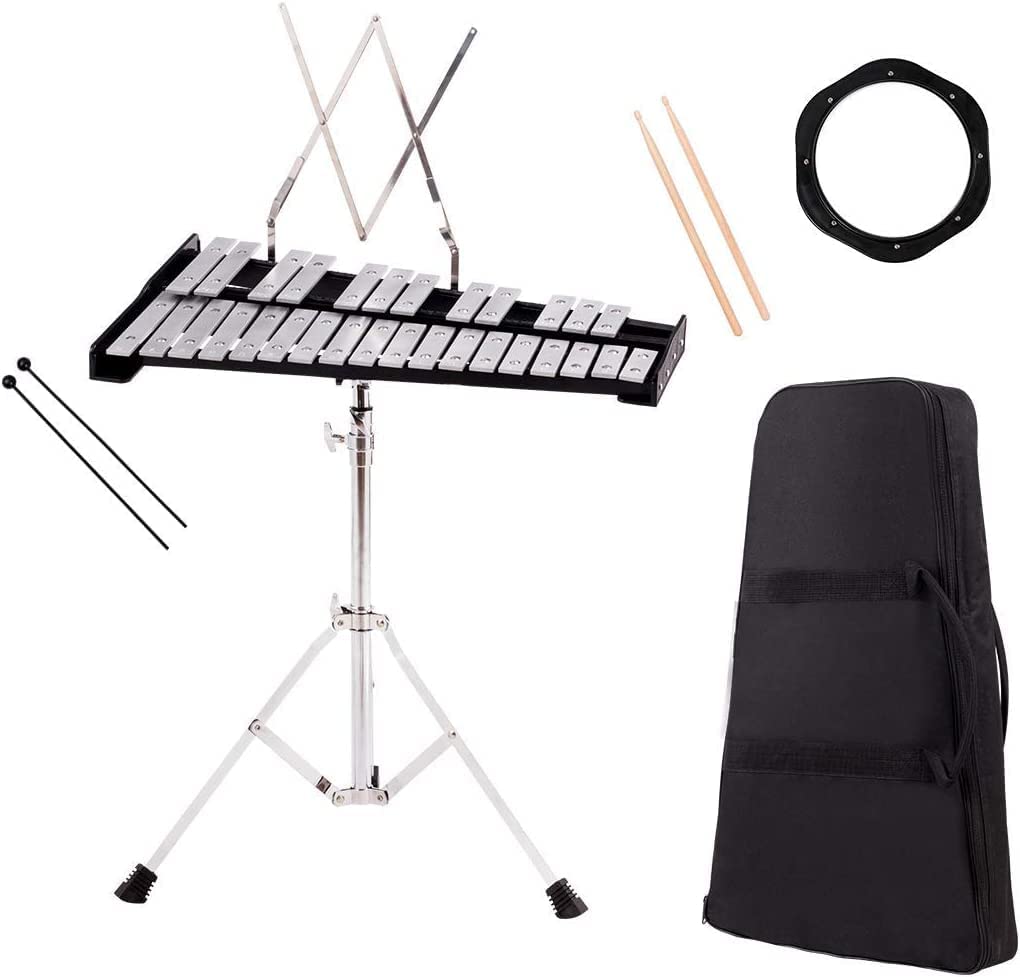 30 Notes Glockenspiel Bell Kit with 8" Practice Pad and Adjustable Height Stand