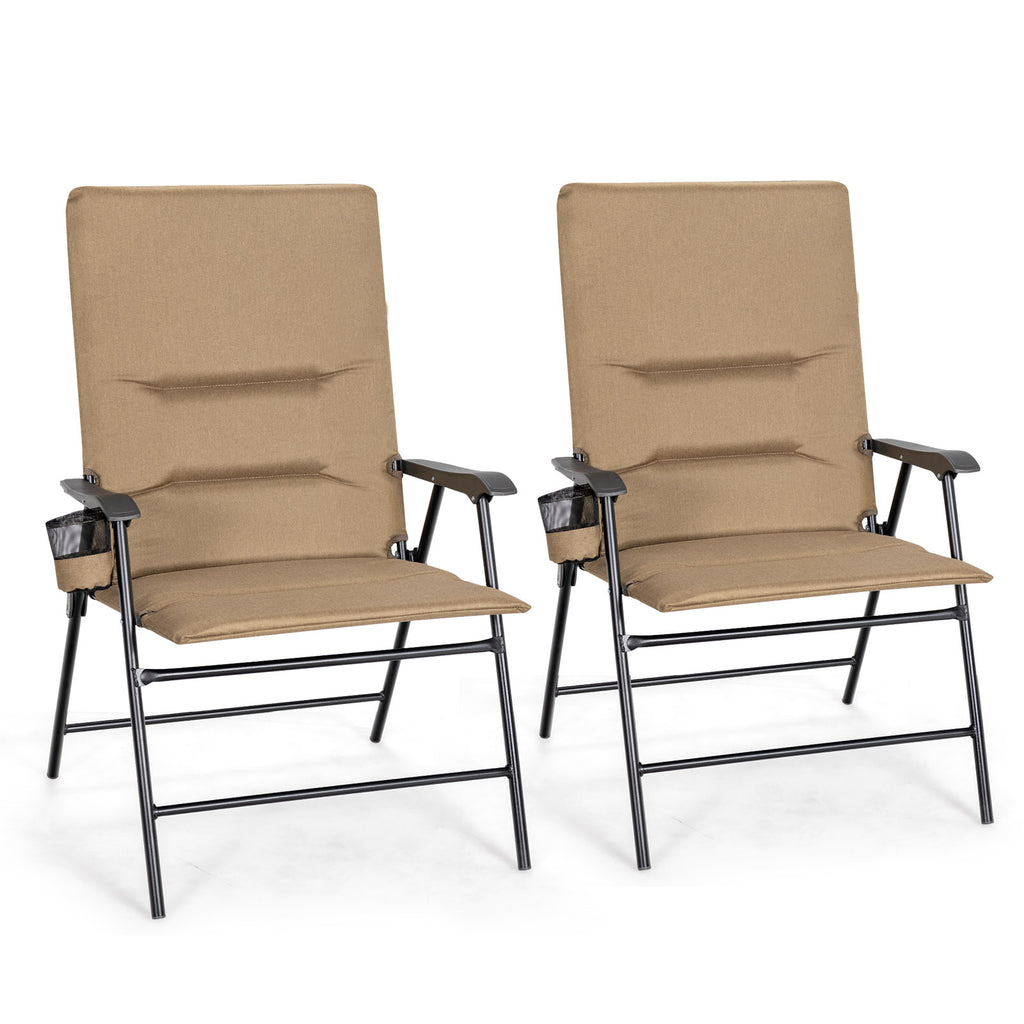 Set of 2 Padded Folding Chair with Cup Holder for Beach Lawn Yard Brown