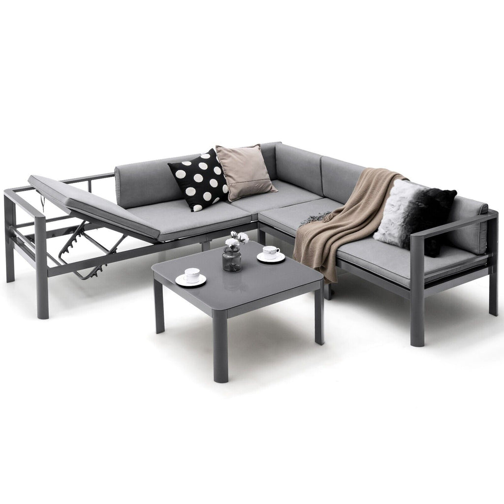 3 Piece Aluminum Patio Sofa Set with 6-Level Reclining Backrest-Grey
