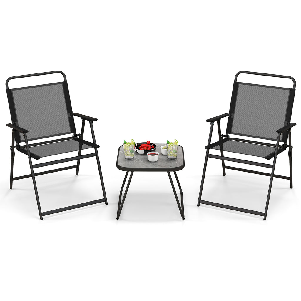 3 Piece Patio Folding Conversation Set for Backyard, Poolside, Balcony-Black