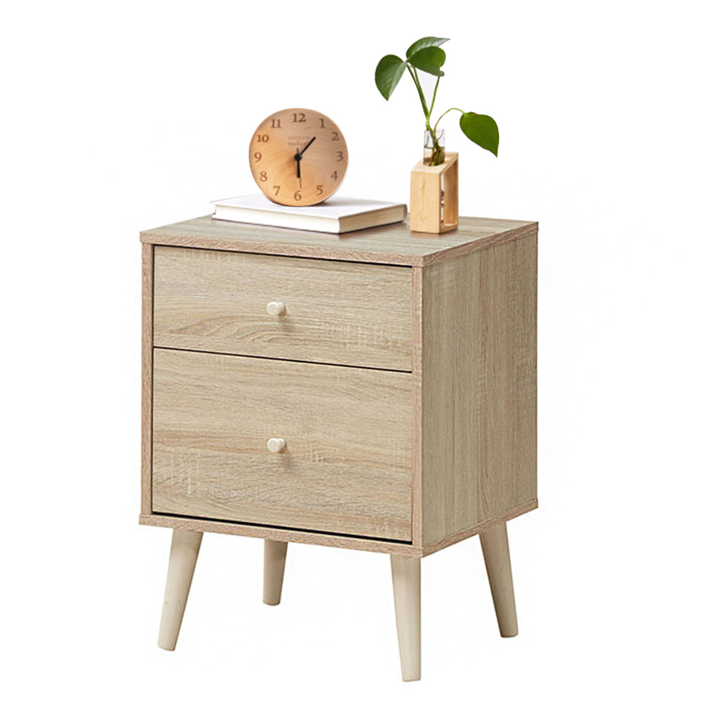 2-Drawer Nightstand with Solid Rubber Wood Legs and Large Storage Space-Natural